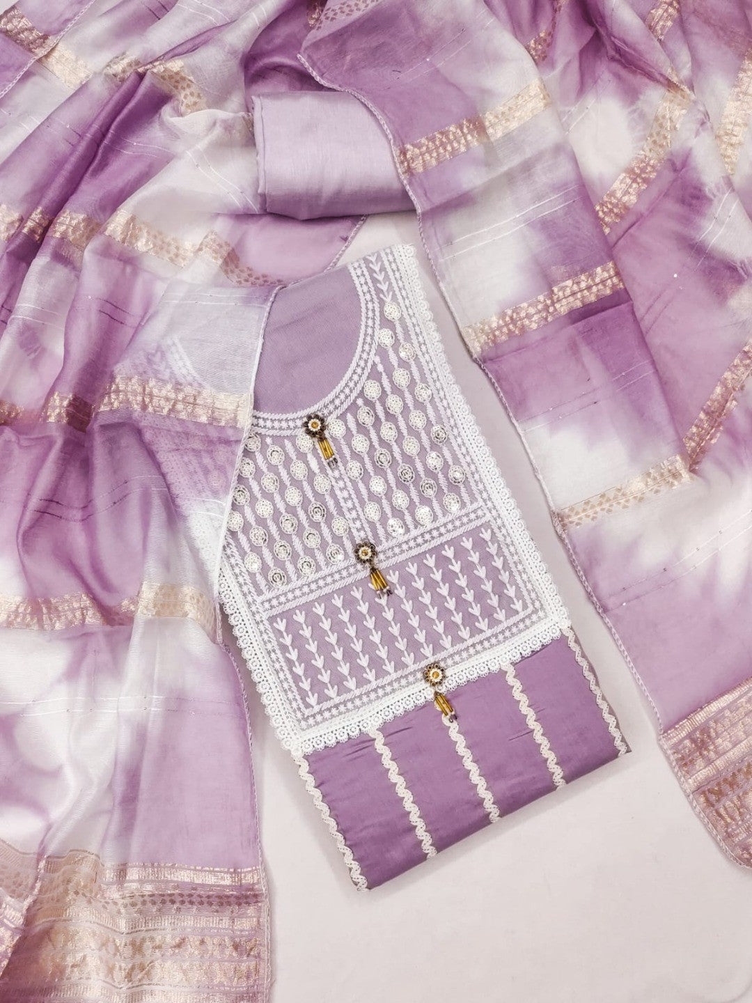 Elegant Lavender Roman Cotton Blend Dress Material With Thread Embroidery & Sequins Work - Image 3