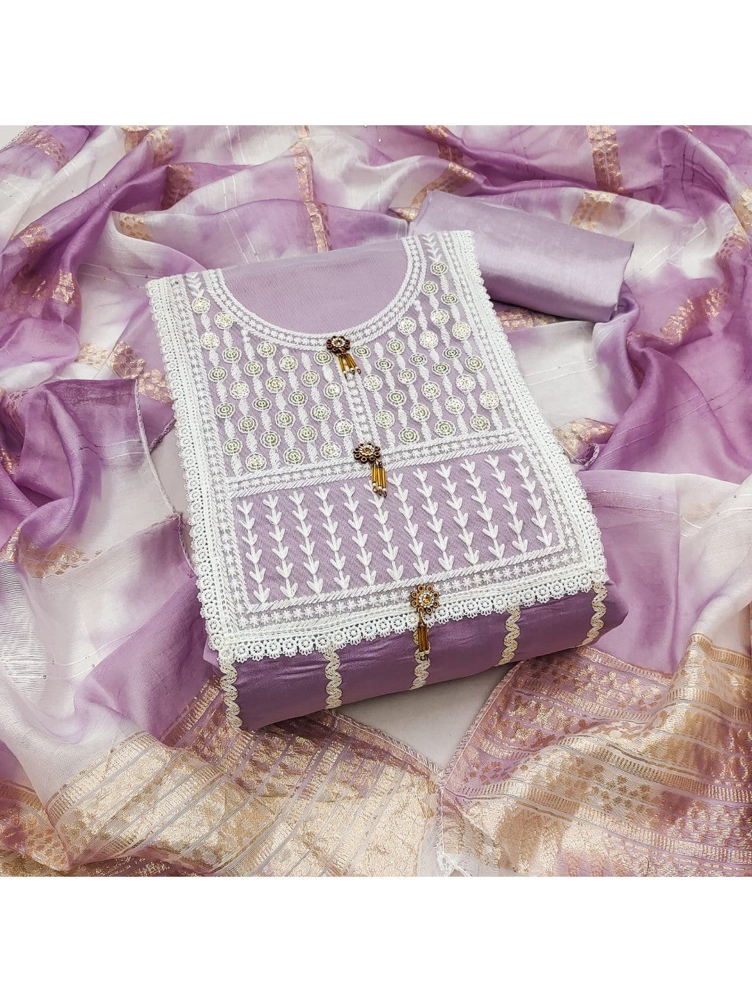 Elegant Lavender Roman Cotton Blend Dress Material With Thread Embroidery & Sequins Work - Image 1