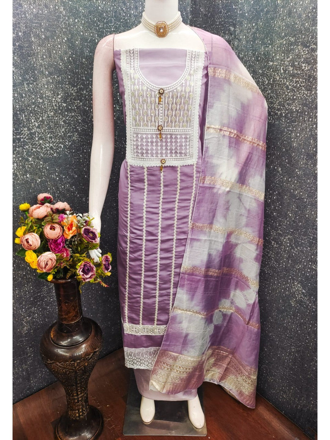 Elegant Lavender Roman Cotton Blend Dress Material With Thread Embroidery & Sequins Work - Image 4