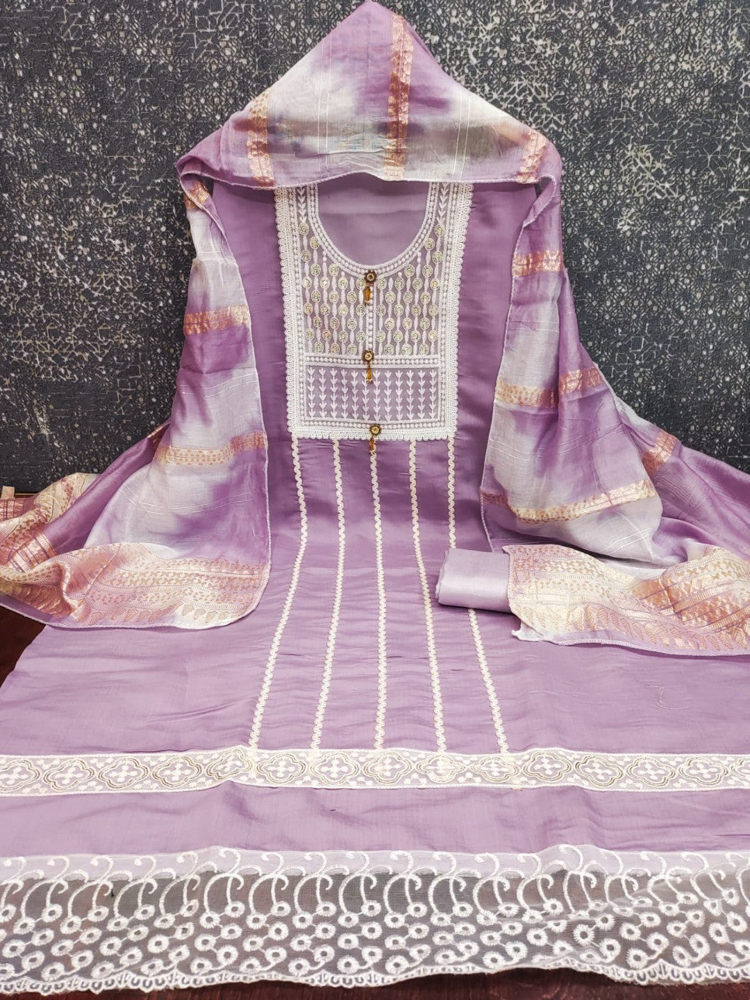 Elegant Lavender Roman Cotton Blend Dress Material With Thread Embroidery & Sequins Work - Image 7