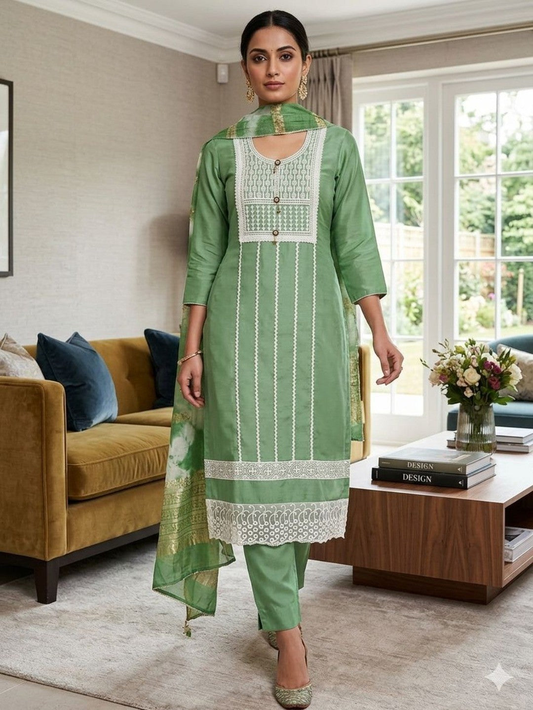Elegant Green Roman Cotton Blend Dress Material With Thread Embroidery & Sequins Work - Image 2