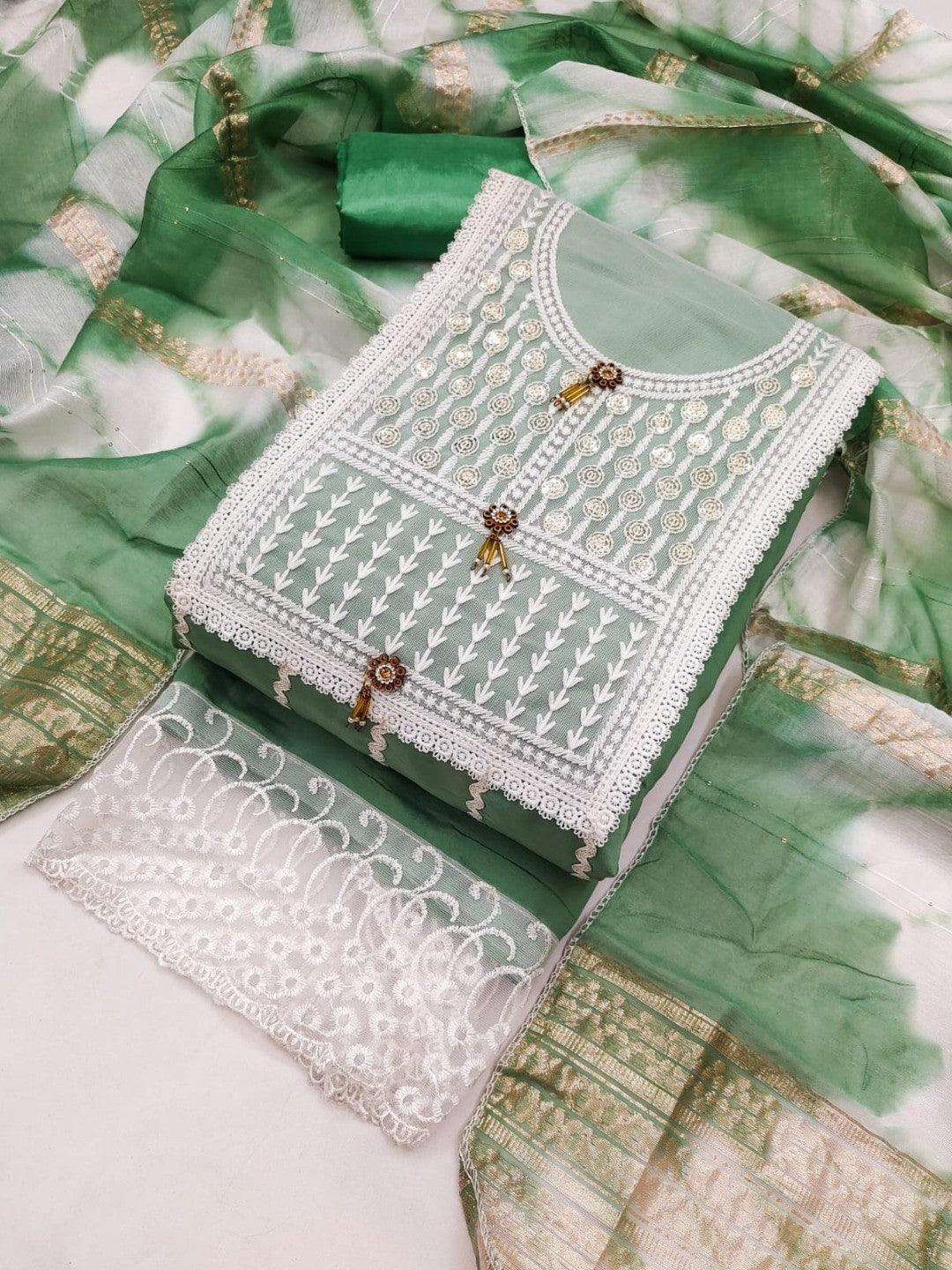 Elegant Green Roman Cotton Blend Dress Material With Thread Embroidery & Sequins Work - Image 3