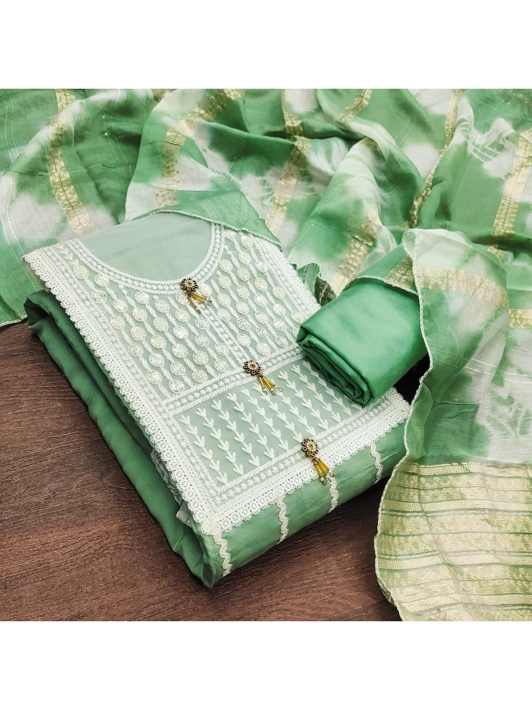 Elegant Green Roman Cotton Blend Dress Material With Thread Embroidery & Sequins Work - Image 6