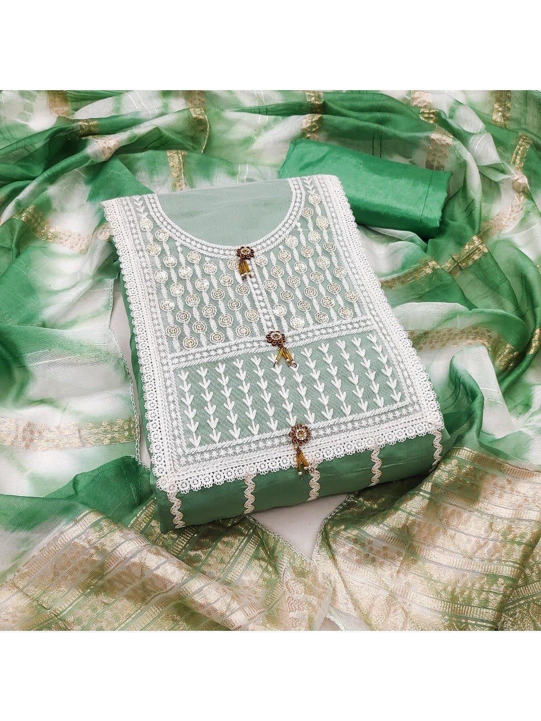Elegant Green Roman Cotton Blend Dress Material With Thread Embroidery & Sequins Work - Image 1