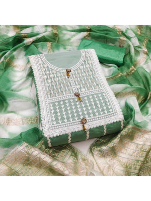 Elegant Green Roman Cotton Blend Dress Material With Thread Embroidery & Sequins Work - Image 1