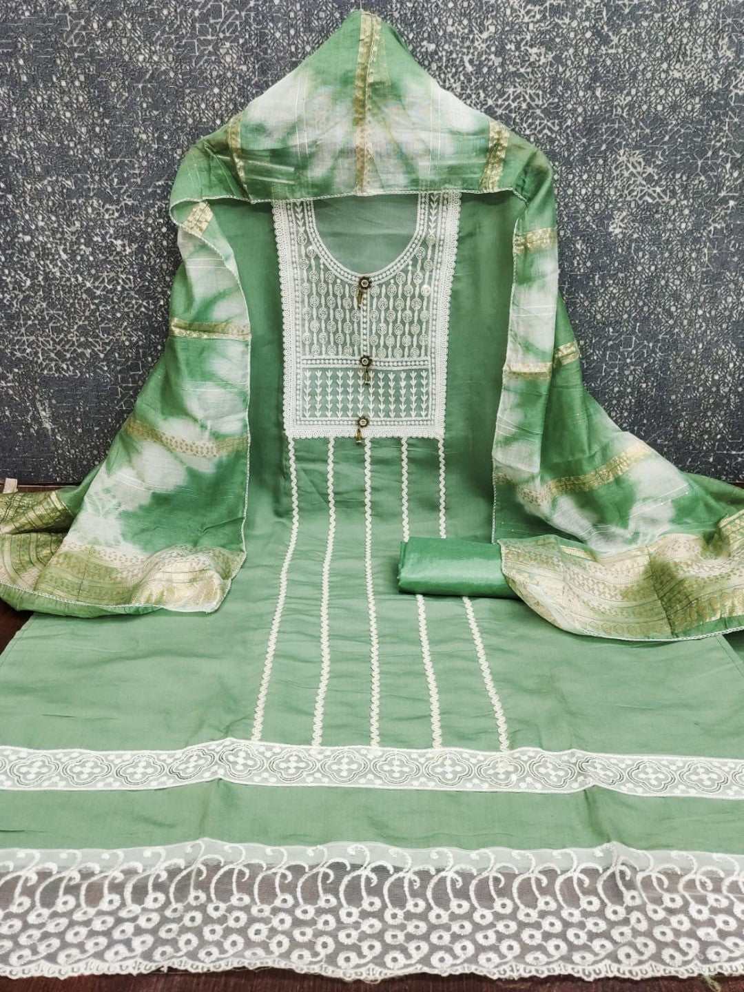 Elegant Green Roman Cotton Blend Dress Material With Thread Embroidery & Sequins Work - Image 5