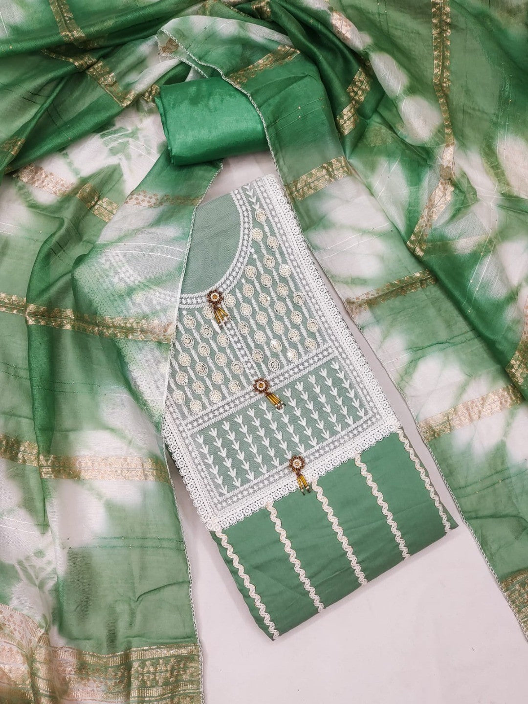 Elegant Green Roman Cotton Blend Dress Material With Thread Embroidery & Sequins Work - Image 4