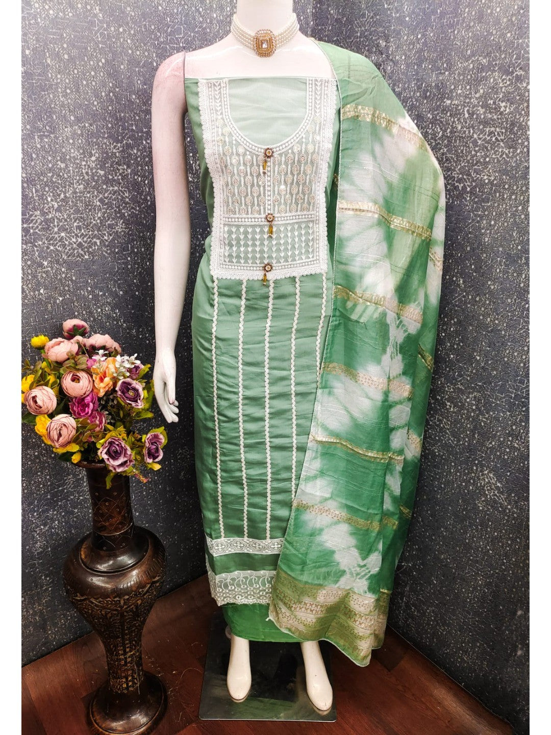 Elegant Green Roman Cotton Blend Dress Material With Thread Embroidery & Sequins Work - Image 7