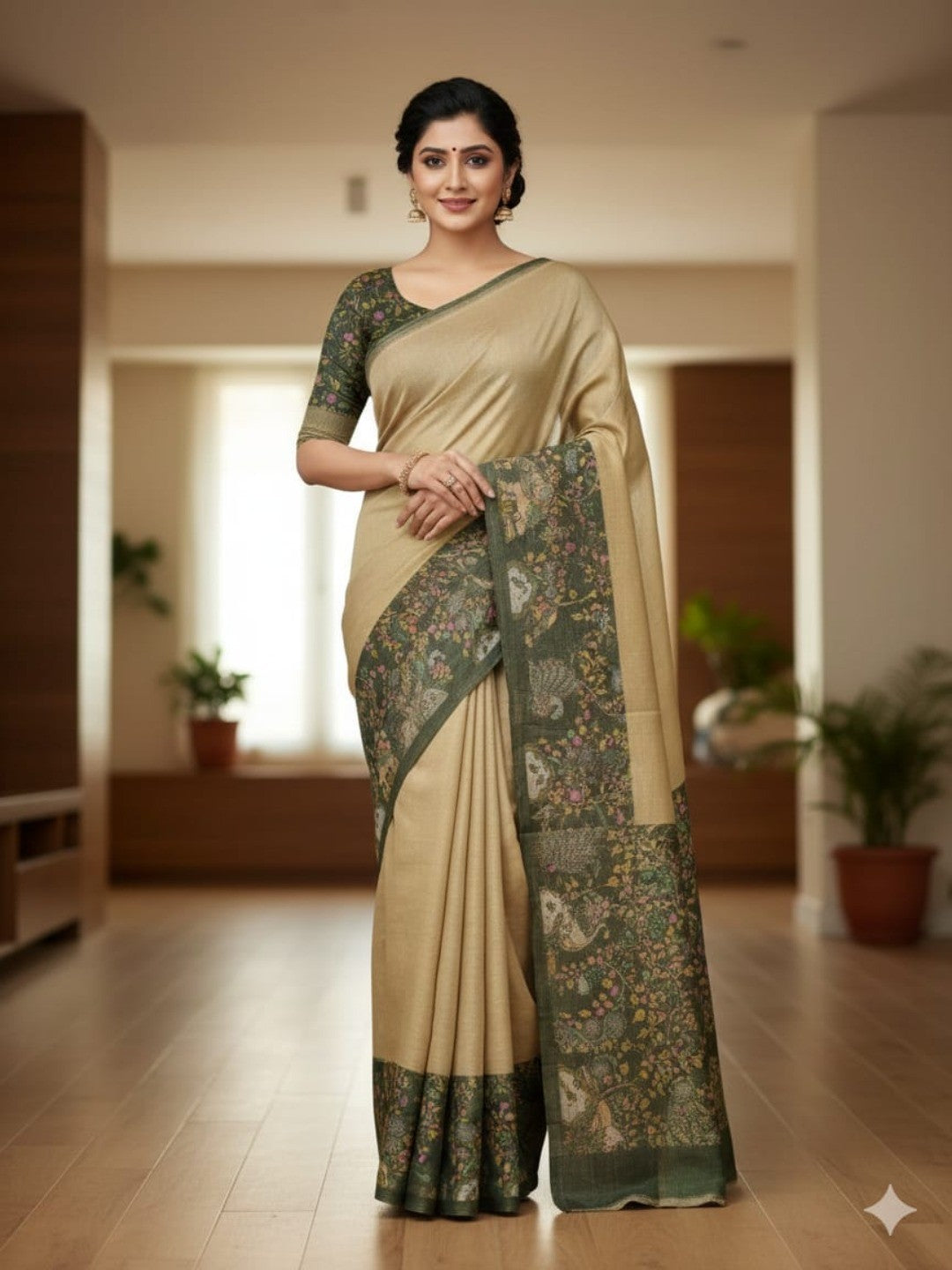 Elegant Chikoo Cotton Silk Saree with Floral Printed Border - Image 1