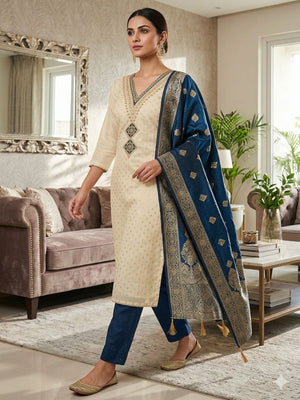 Sophisticated Cream Butti Weaving Shimmer Dress Material With Sequins Cording Embroidered Work - Image 2