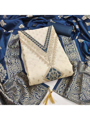 Sophisticated Cream Butti Weaving Shimmer Dress Material With Sequins Cording Embroidered Work - Image 1