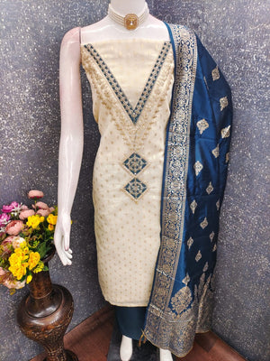 Sophisticated Cream Butti Weaving Shimmer Dress Material With Sequins Cording Embroidered Work - Image 2