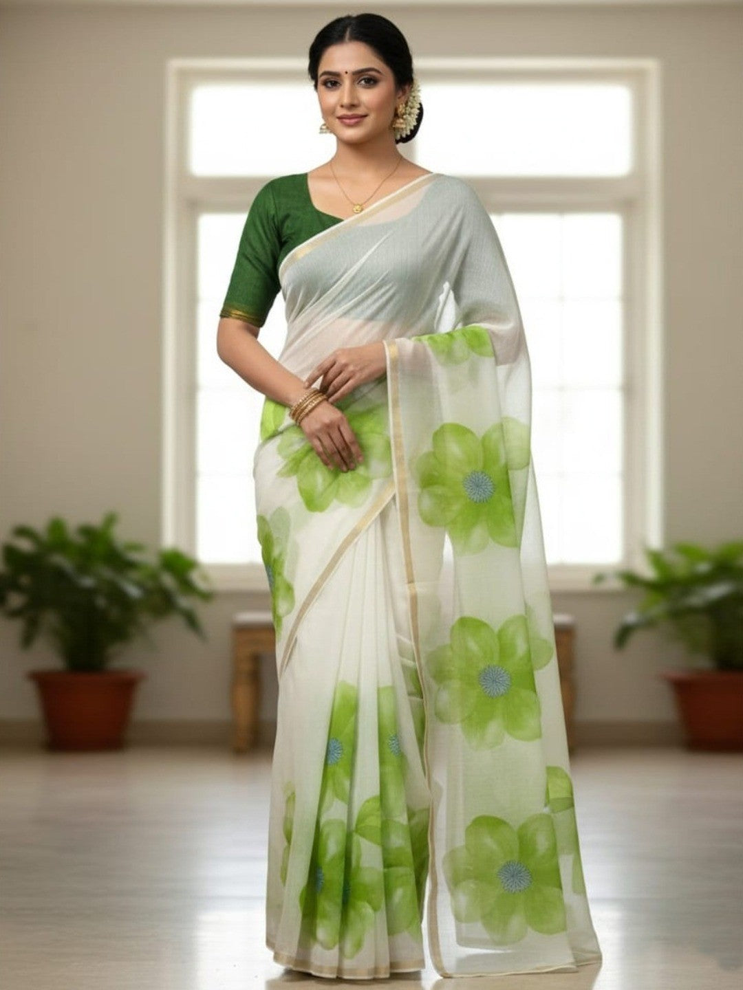 Elegant Cream Linen Saree with Floral Print and Zari Border - Image 1