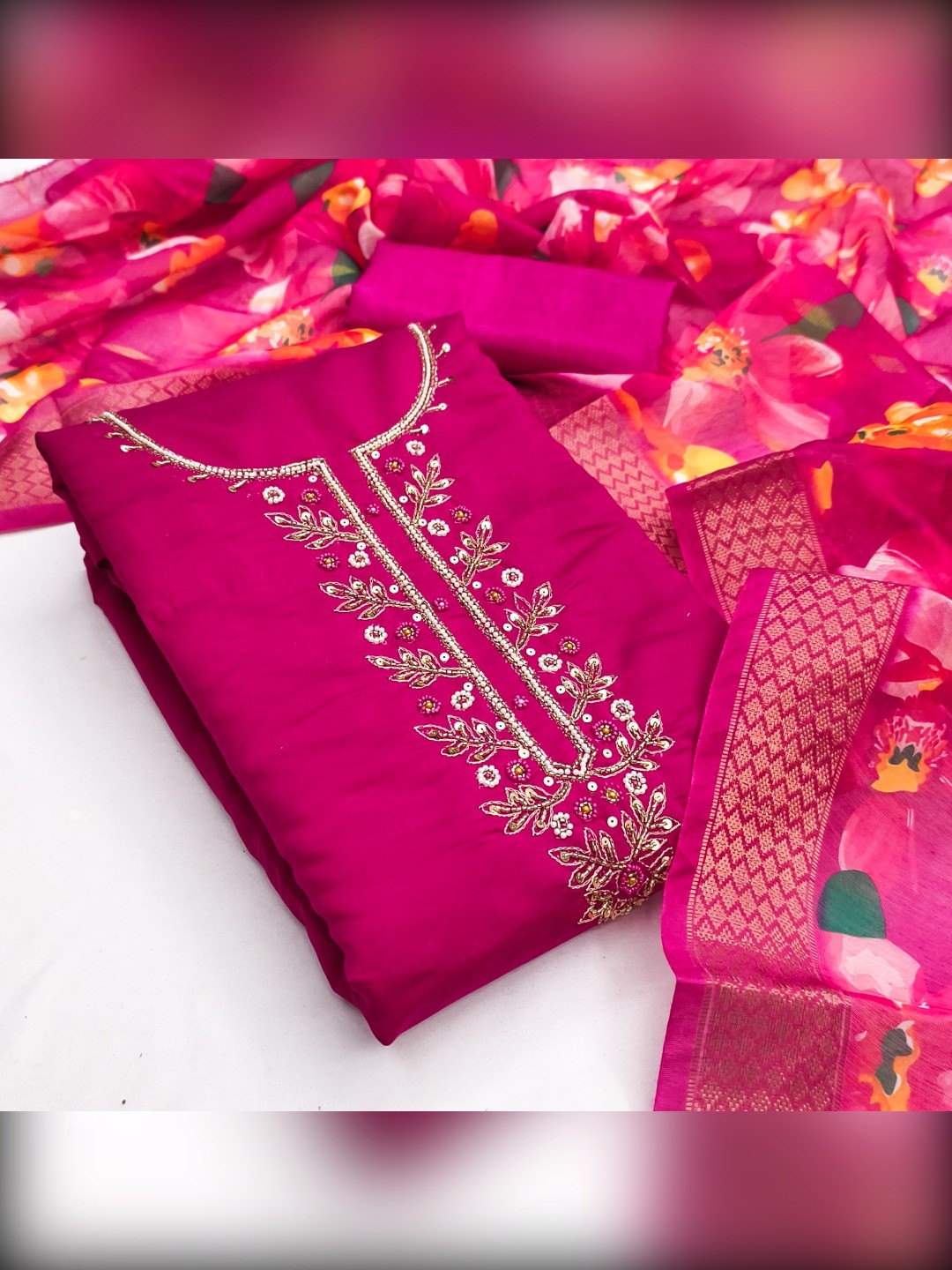 Stunning Rani Pink Moti & Beads Hand Embellished With Sequins Roman Art Silk Dress Material - Image 2