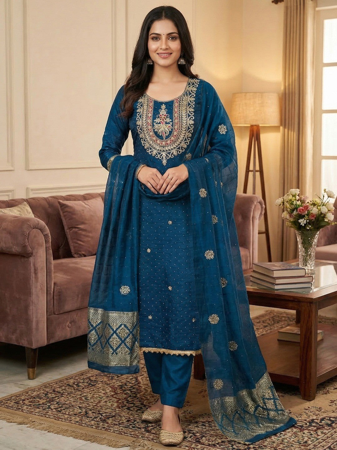Classic Blue Floral Cording Embroidered Vichitra Silk Dress Material With Sequins & Swarovski Work - Image 2