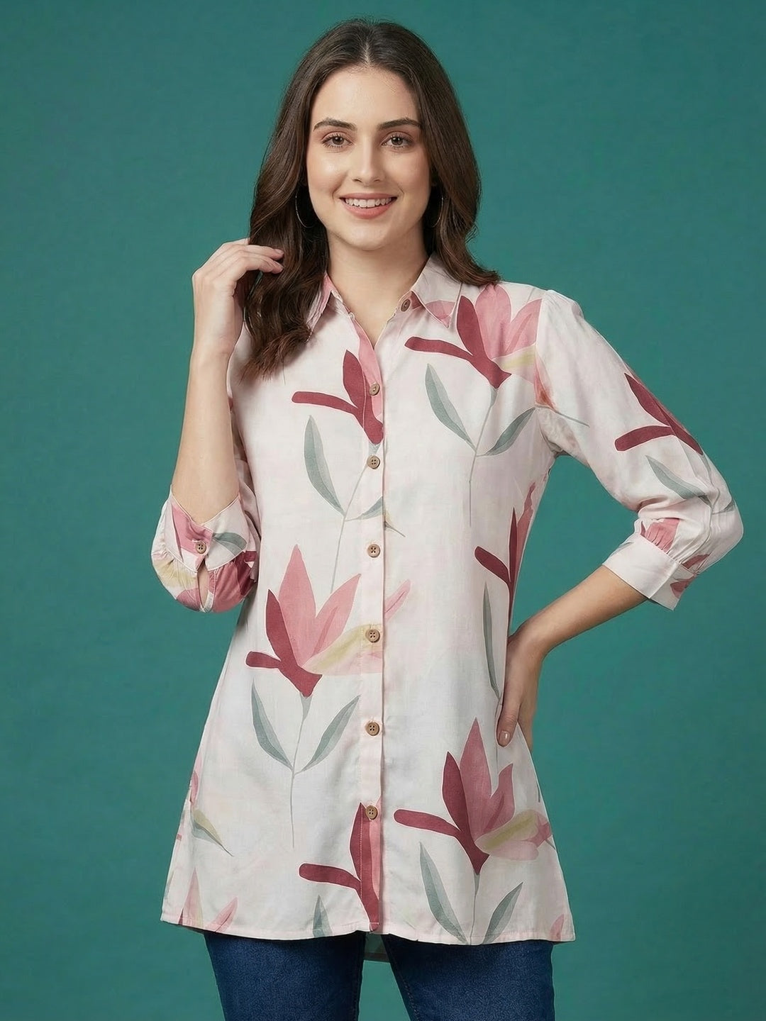 Trendy White Floral Printed Rayon A-Line Top with Flowy Silhouette - Image 1