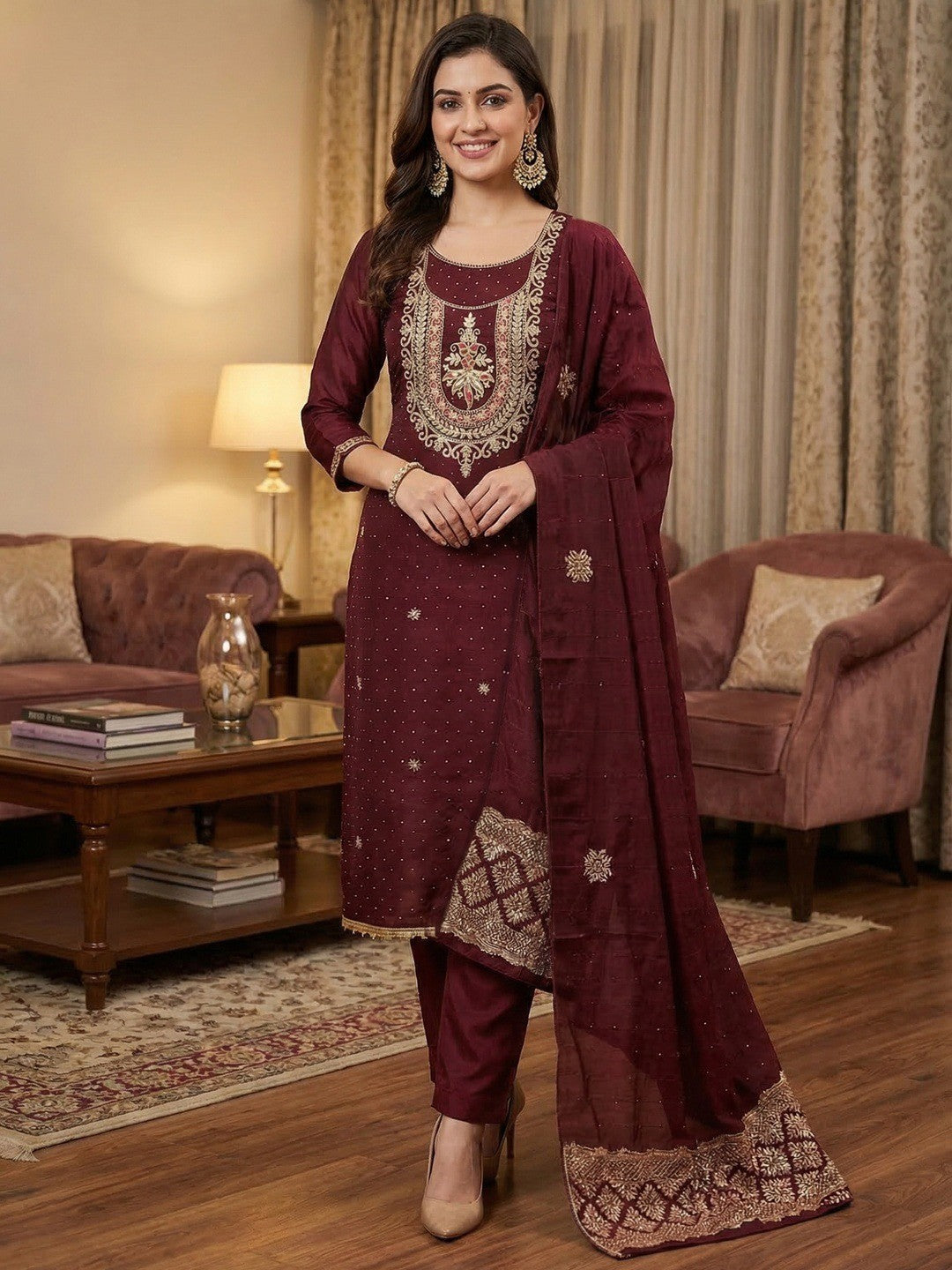 Classic Maroon Floral Cording Embroidered Vichitra Silk Dress Material With Sequins & Swarovski Work - Image 2