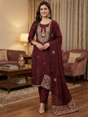 Classic Maroon Floral Cording Embroidered Vichitra Silk Dress Material With Sequins & Swarovski Work - Image 2