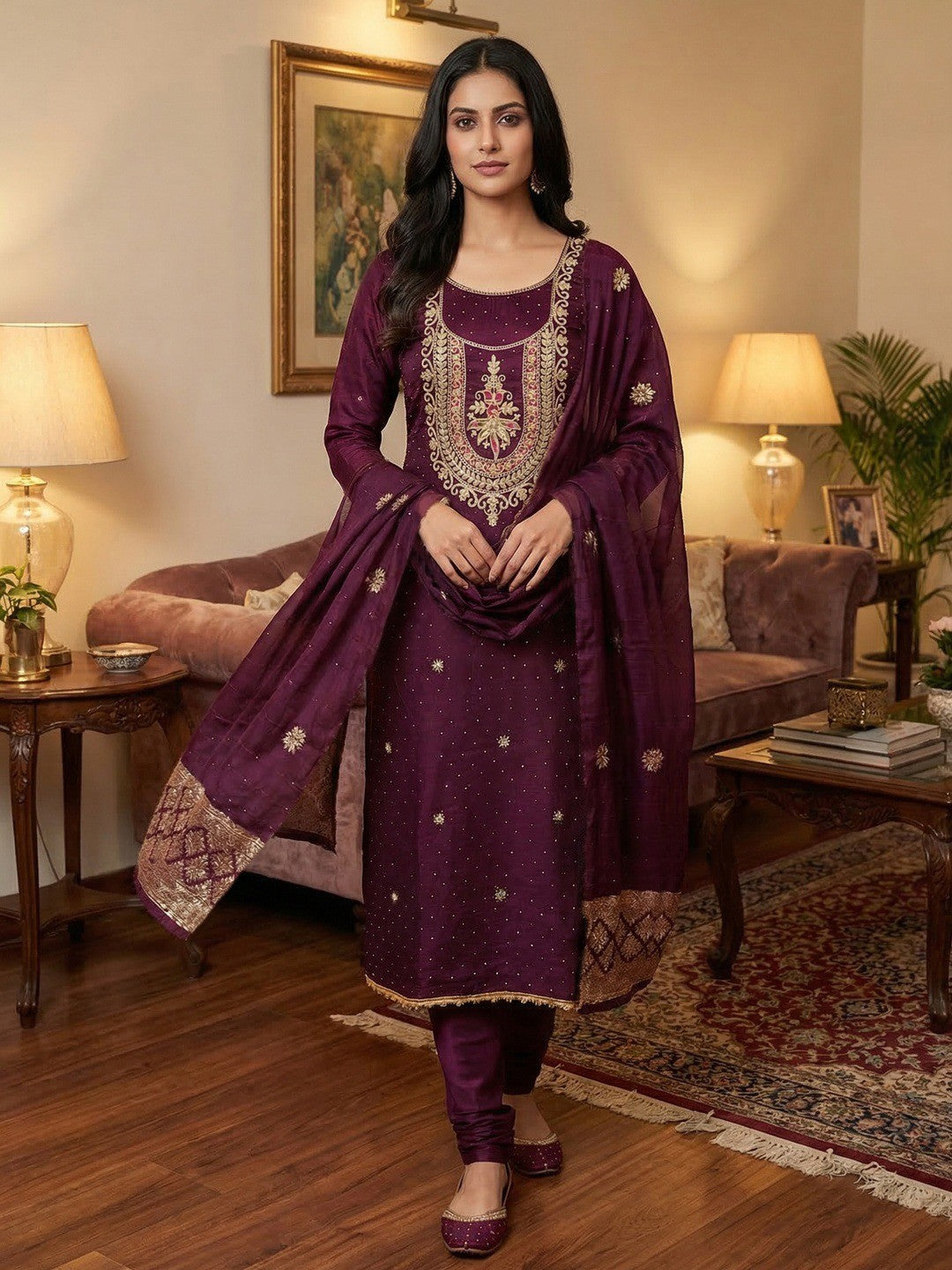 Classic Wine Floral Cording Embroidered Vichitra Silk Dress Material With Sequins & Swarovski Work - Image 2