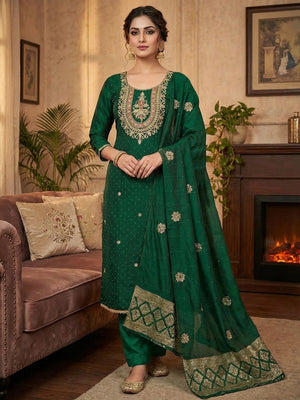 Classic Green Floral Cording Embroidered Vichitra Silk Dress Material With Sequins & Swarovski Work - Image 2