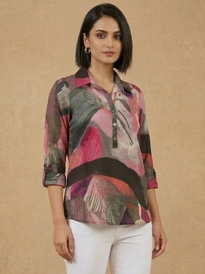 Multicolor Abstract Print Rayon Top with Roll-Up Sleeves - Image 1