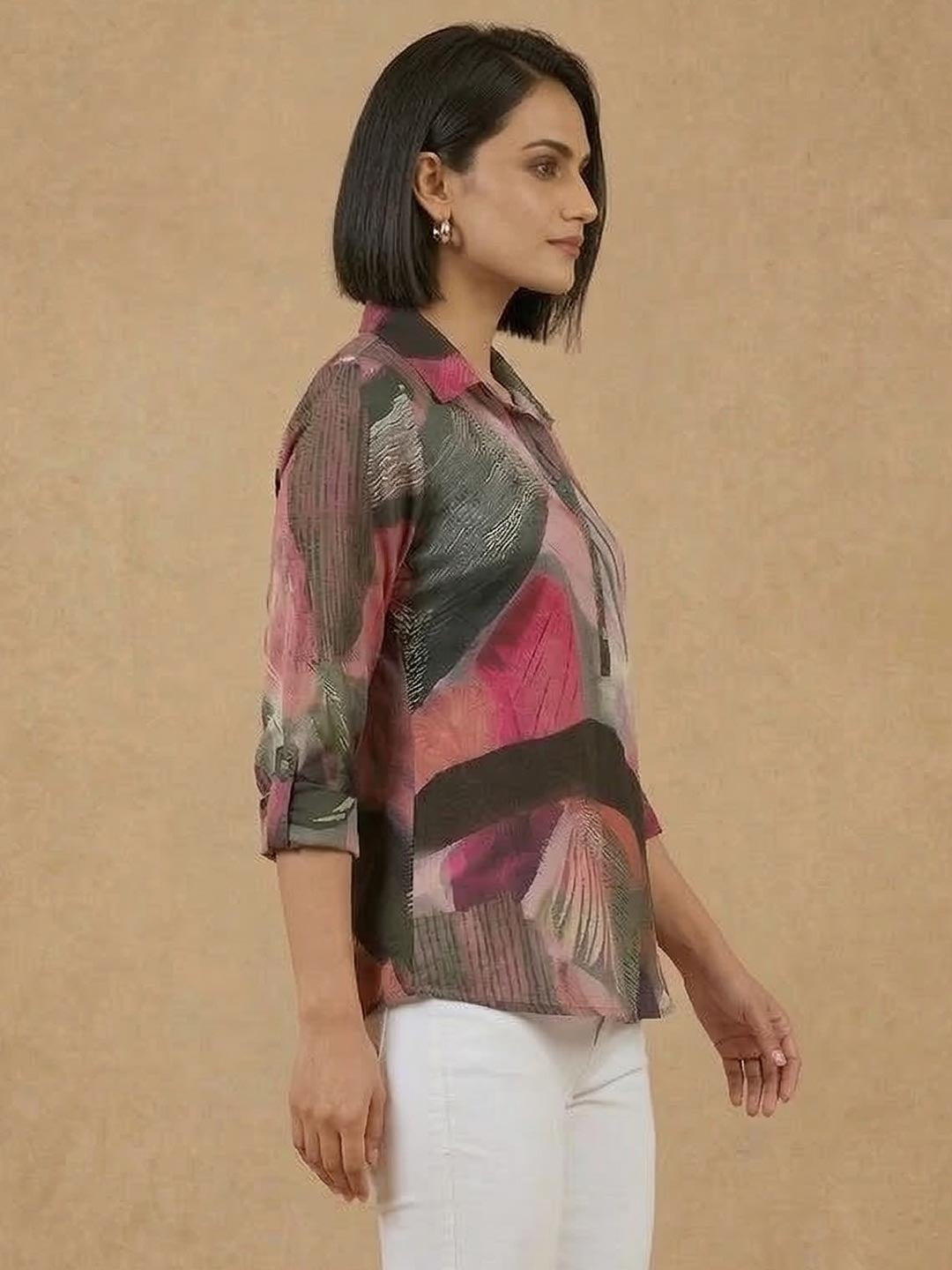 Multicolor Abstract Print Rayon Top with Roll-Up Sleeves - Image 2