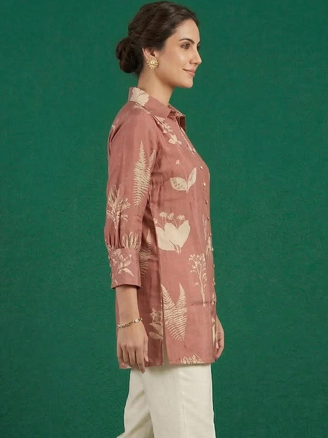 Elegant Pink Muslin Top with Floral Print and Collared Neck - Image 2