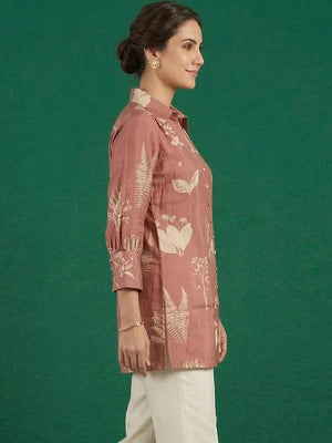 Elegant Pink Muslin Top with Floral Print and Collared Neck - Image 2