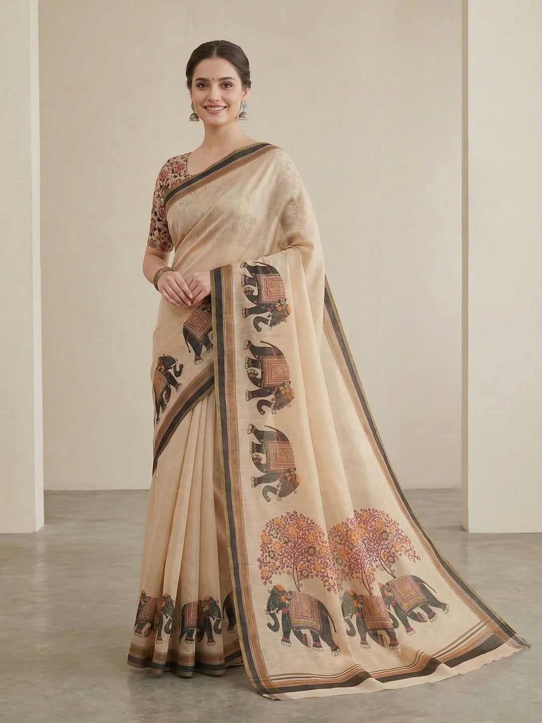 Elegant Beige Linen Saree with Elephant Print Border - Image 1