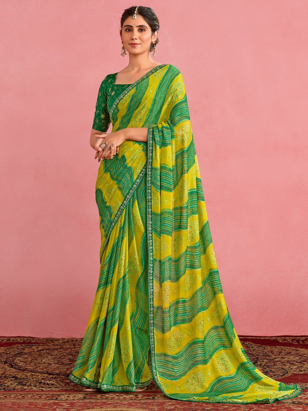 Elegant Green & Yellow Chiffon Saree with Bandhani Print and Embellished Border - Image 1