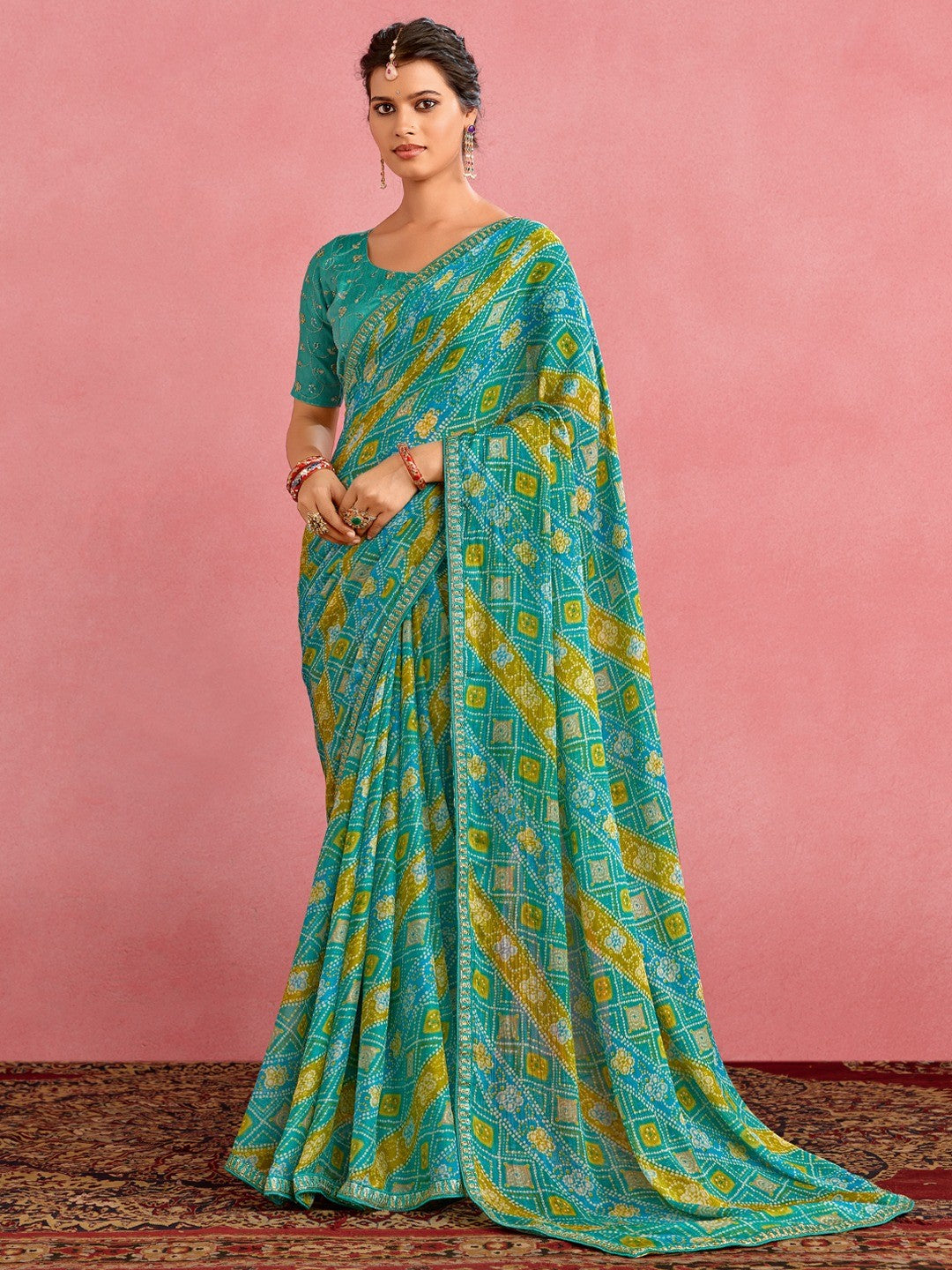 Elegant Turquoise Chiffon Saree with Bandhani Print and Embellished Border - Image 1