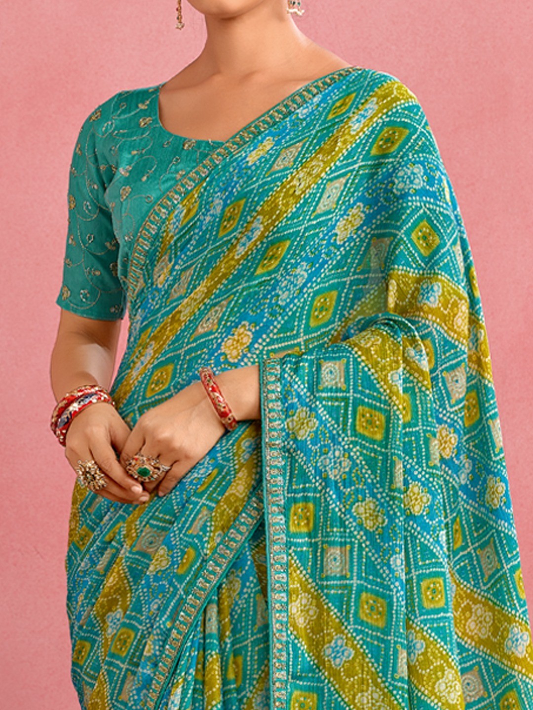 Elegant Turquoise Chiffon Saree with Bandhani Print and Embellished Border - Image 3