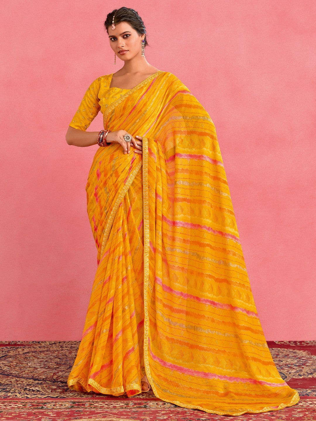 Elegant Yellow Chiffon Saree with Bandhani Print and Embellished Border - Image 1