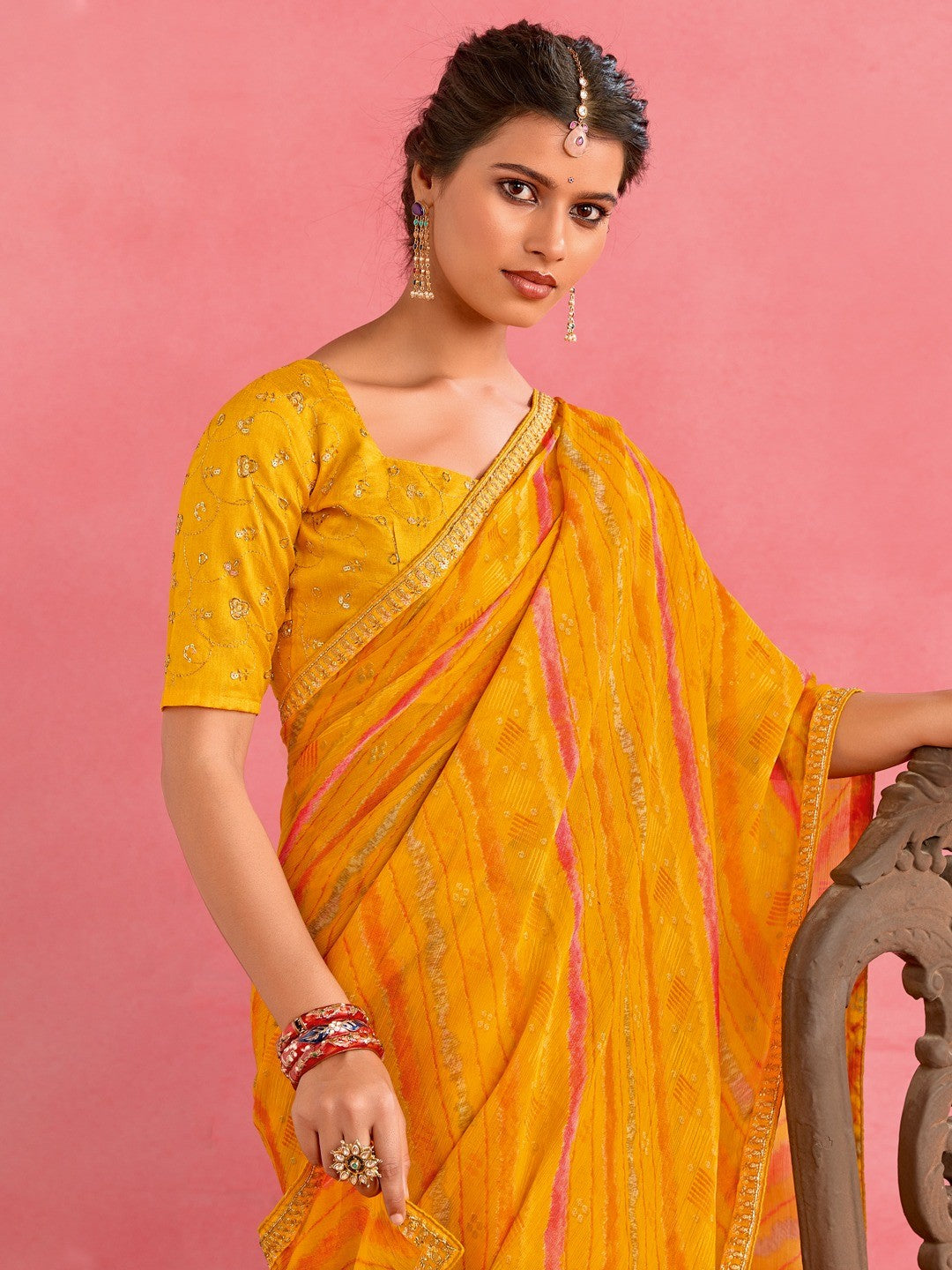 Elegant Yellow Chiffon Saree with Bandhani Print and Embellished Border - Image 2