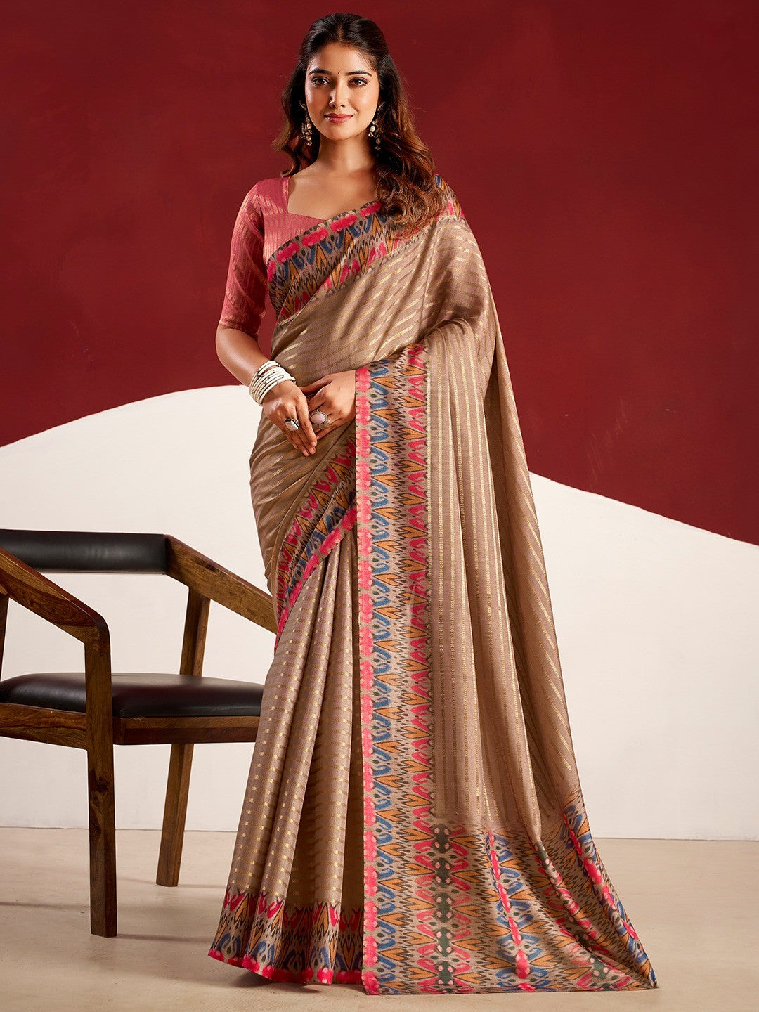 Sophisticated Brown Tussar Silk Saree With Rich Golden Zari Weaving Stripes - Image 1