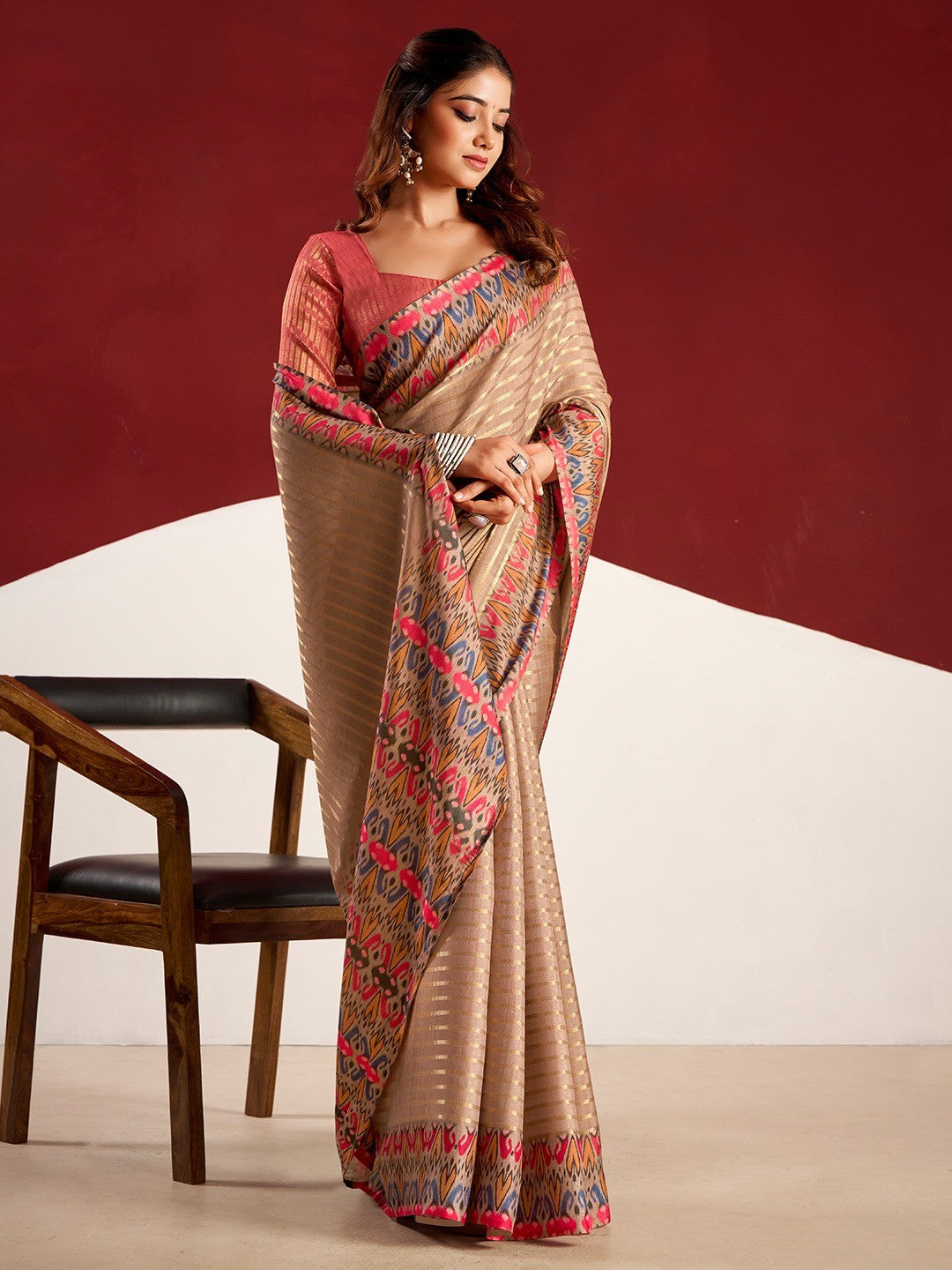 Sophisticated Brown Tussar Silk Saree With Rich Golden Zari Weaving Stripes - Image 3