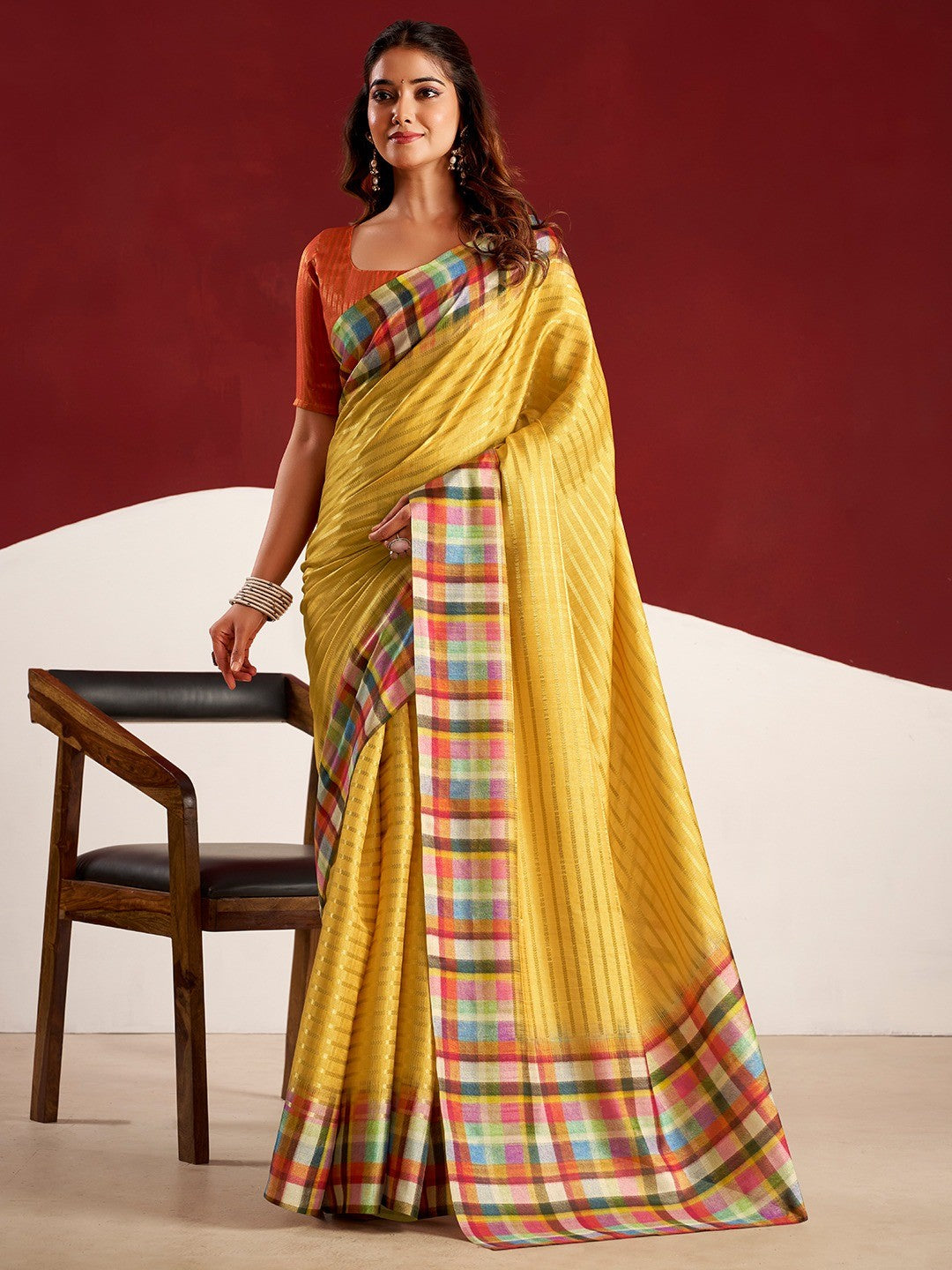Sophisticated Yellow Tussar Silk Saree With Rich Golden Zari Weaving Stripes - Image 1