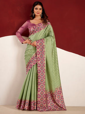 Sophisticated Green Tussar Silk Saree With Rich Golden Zari Weaving Stripes - Image 1