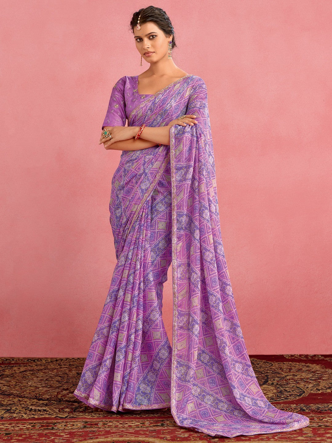 Elegant Purple Chiffon Saree with Bandhani Print and Embellished Border - Image 1