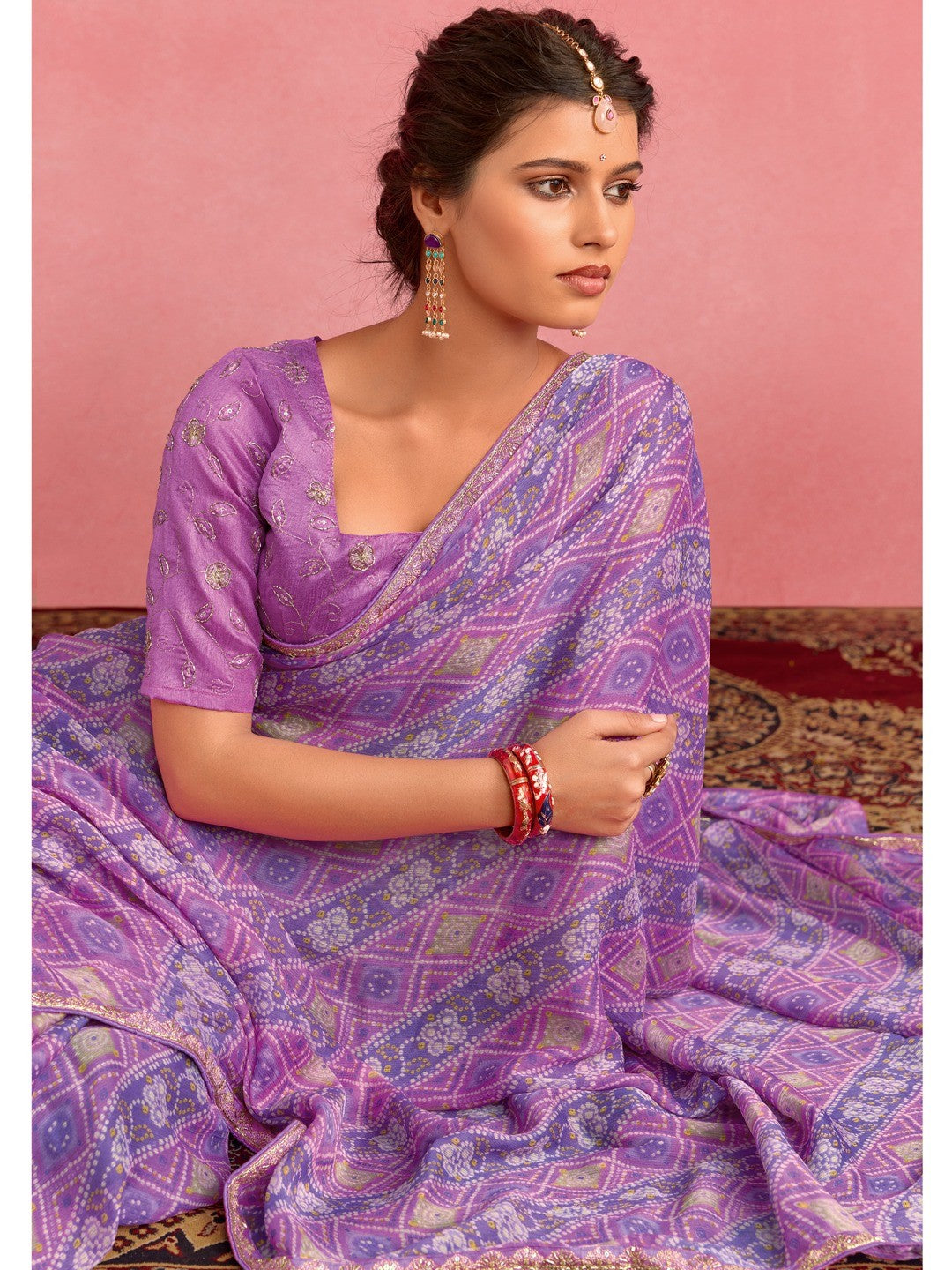 Elegant Purple Chiffon Saree with Bandhani Print and Embellished Border - Image 3