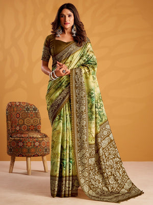 Charming Mehendi Green Tussar Silk Saree Adorned With Floral Digital Print Design - Image 1