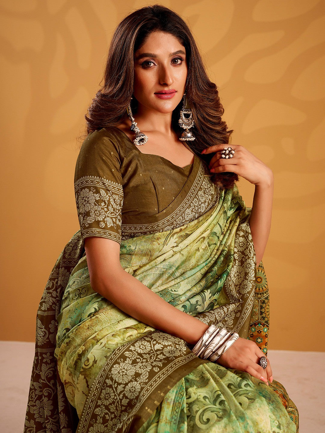 Charming Mehendi Green Tussar Silk Saree Adorned With Floral Digital Print Design - Image 3