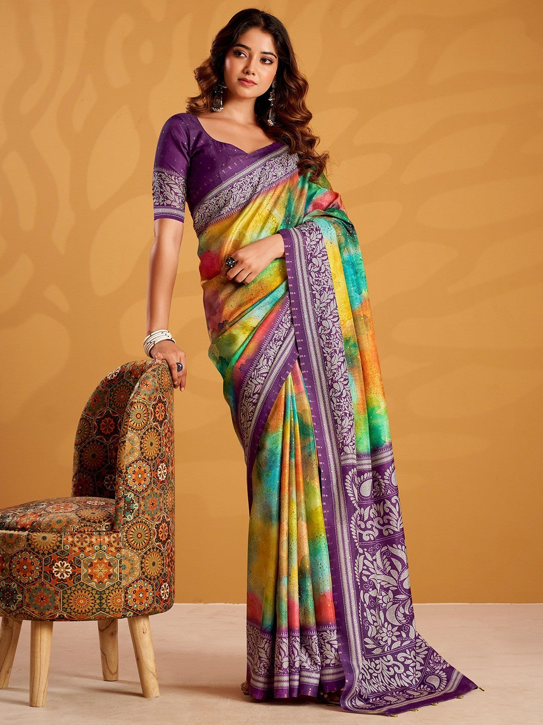 Charming Multicolor Tussar Silk Saree Adorned With Digital Print Design - Image 1