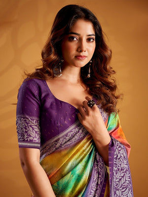 Charming Multicolor Tussar Silk Saree Adorned With Digital Print Design - Image 2