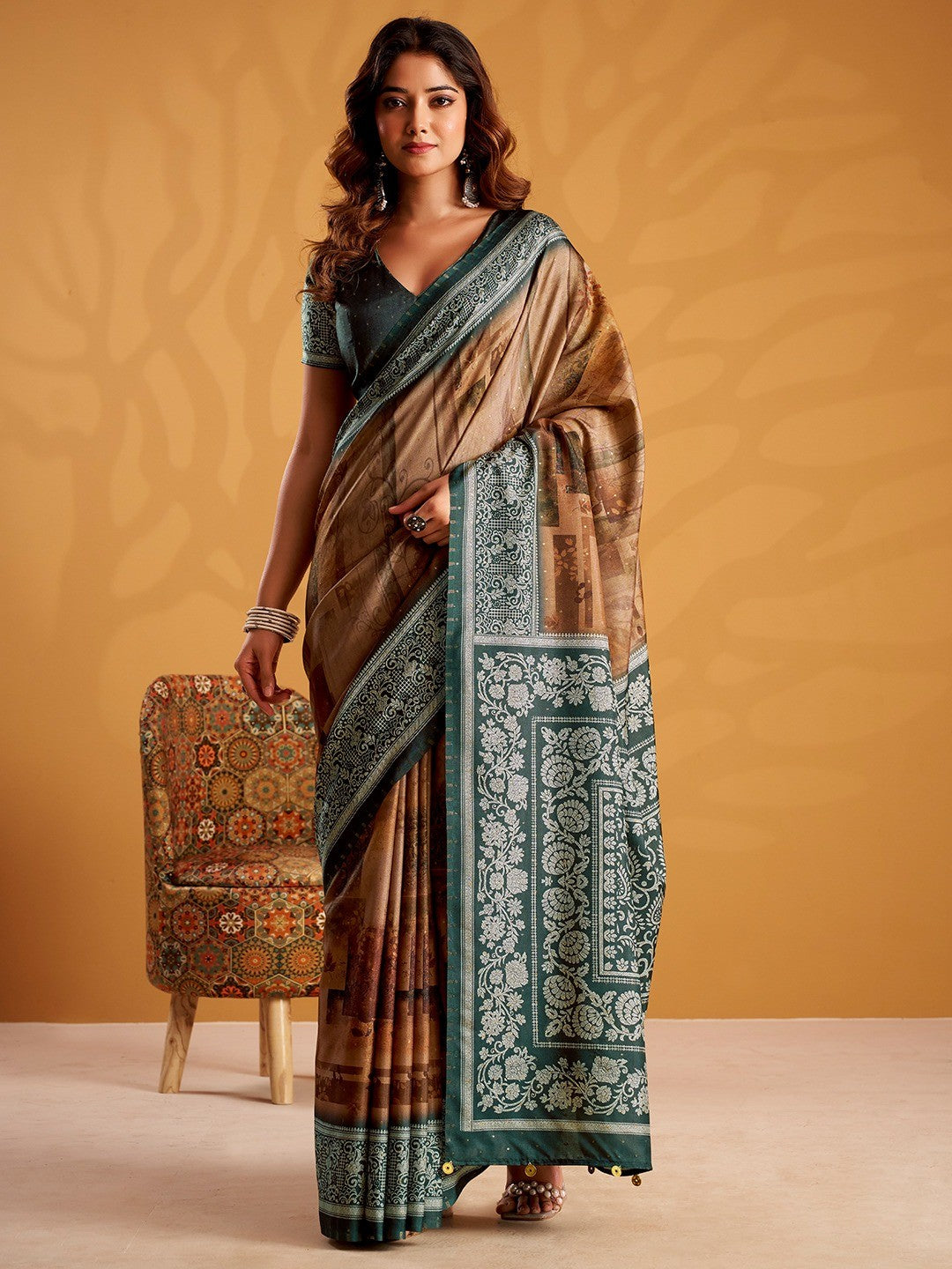 Charming Brown Tussar Silk Saree Adorned With Floral Digital Print Design - Image 1