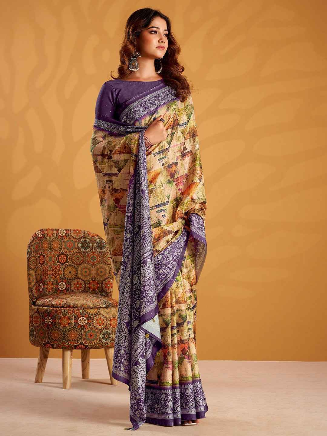Graceful Multicolor Tussar Silk Saree Adorned with Artistic Floral Digital Print - Image 4