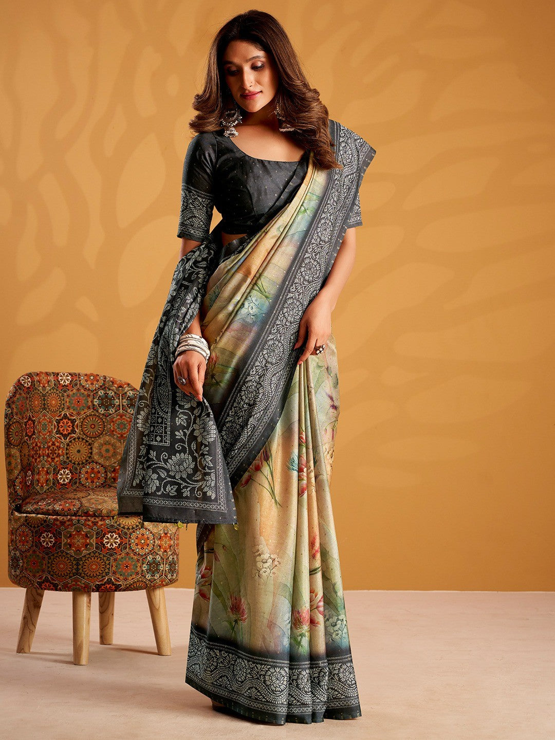 Premium Multicolor Tussar Silk Saree Featuring Stunning Floral Digital Print Work - Image 4