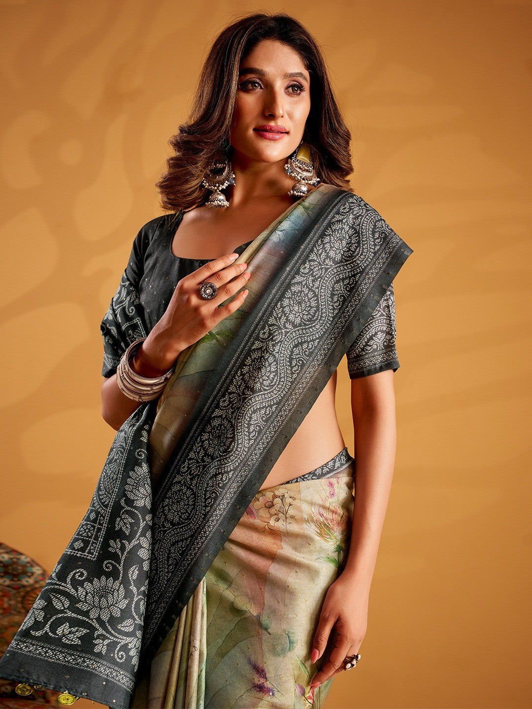 Premium Multicolor Tussar Silk Saree Featuring Stunning Floral Digital Print Work - Image 3