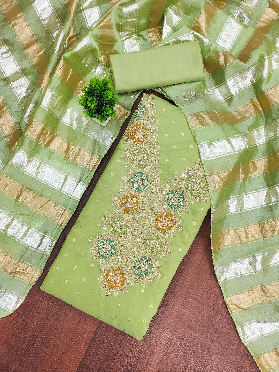 Stylish Green Butti Woven Chanderi Silk Dress Material With Sequins & Cording Embroidered Work - Image 3