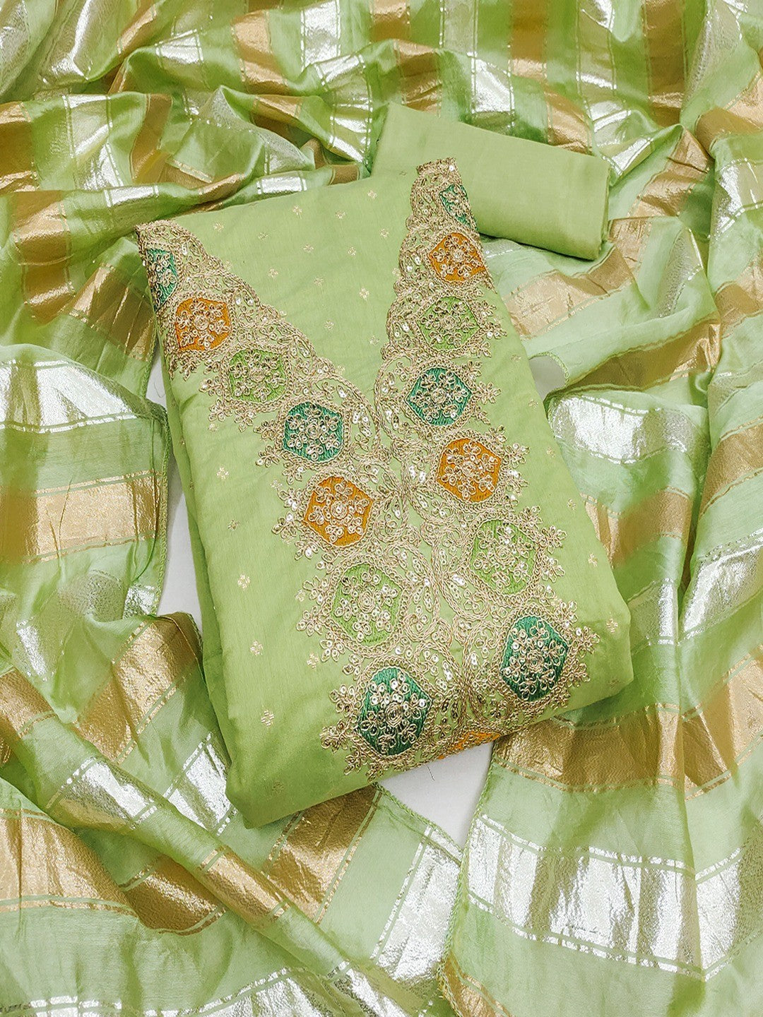 Stylish Green Butti Woven Chanderi Silk Dress Material With Sequins & Cording Embroidered Work - Image 1